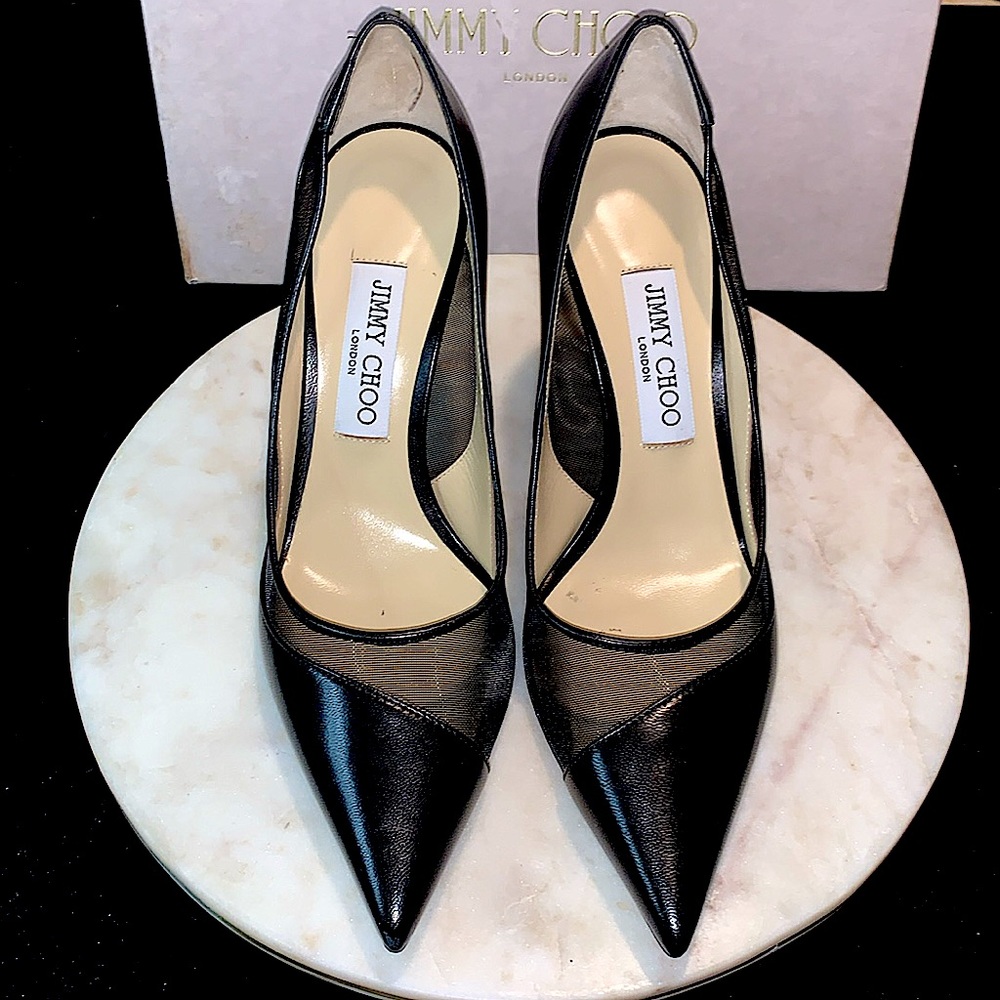 JIMMY CHOO LONDON LOVE PUMP BLACK LEATHER MESH SIZE 38 3 1/2 IN HEEL NEW IN BOX
